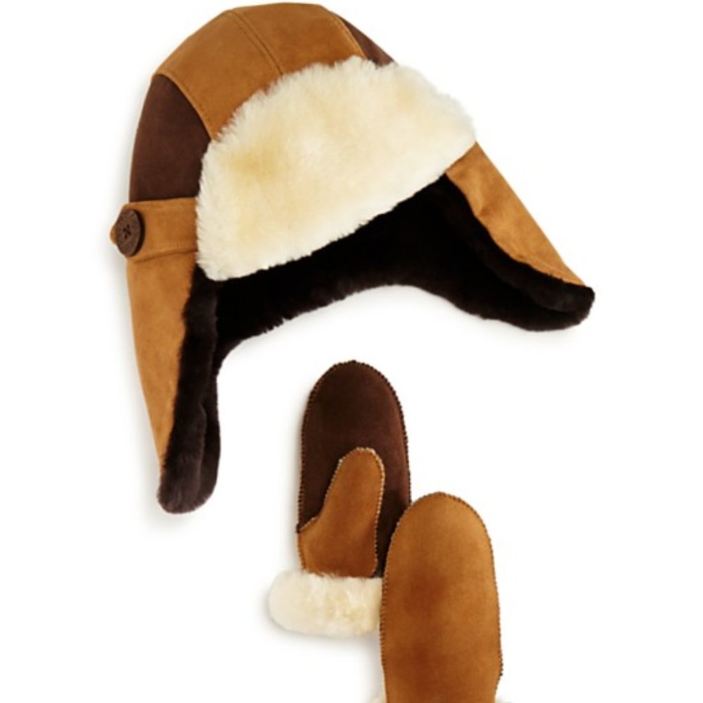 UGG Color Blocked Suede/Shearling Trapper Hat Set